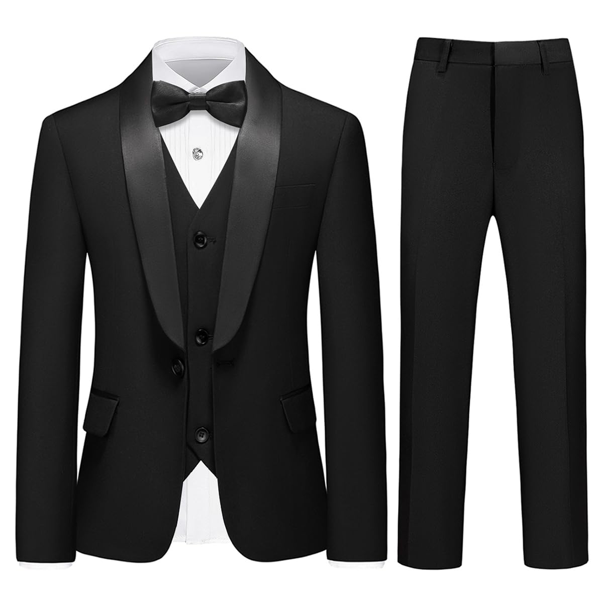 Lamgool Boys Tuxedo Suits 5 Piece Slim Fit Formal Suit Set Size 4T with Black Blazer Jacket Shirt Vest Pants Bow Tie for Kids Wedding Prom