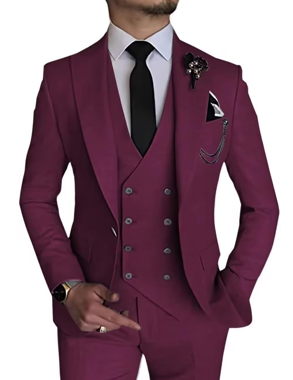 Mens Burgundy 3-Piece Slim Fit Tuxedo Set