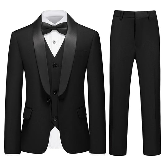 Lamgool Boys Tuxedo Suits 5 Piece Slim Fit Formal Suit Set Size 4T with Black Blazer Jacket Shirt Vest Pants Bow Tie for Kids Wedding Prom
