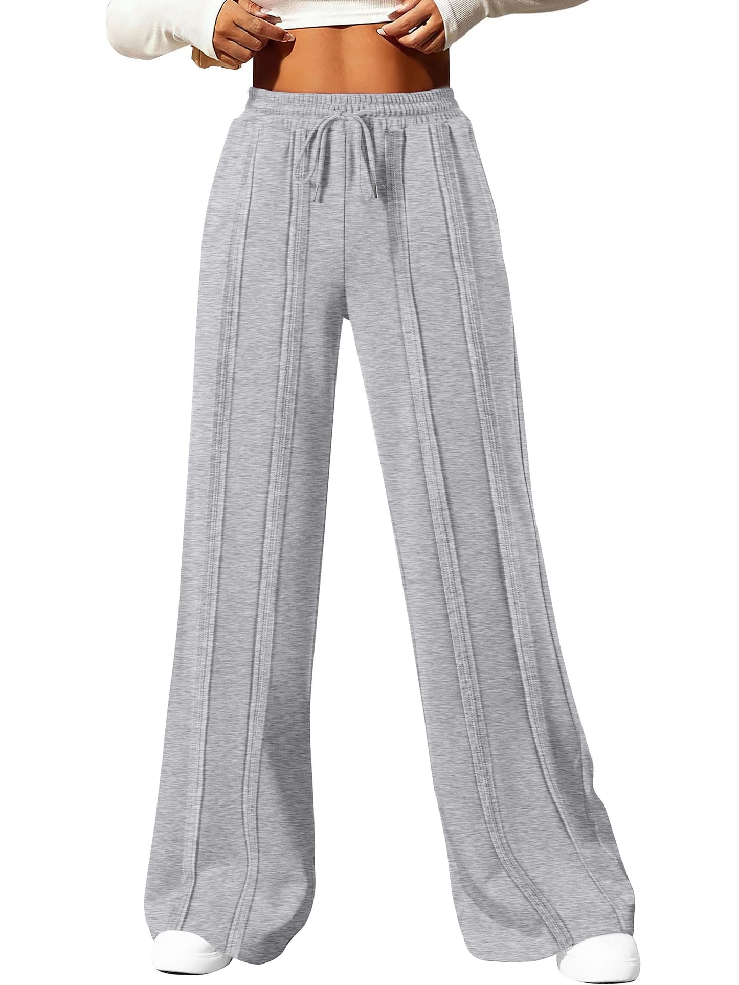 ANRABESS Women High Waist Wide Straight Leg Sweatpants Casual 2024 Joggers Sweat Lounge Pants with Pockets Grey Small