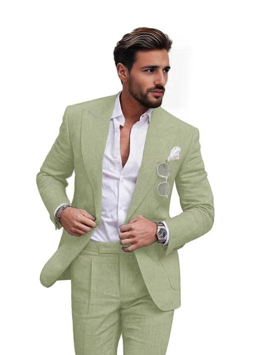 Netsky Linen Suits for Men 2 Piece Light Green Beach Wedding Suit Slim Fit Tuxedo One Button Groomsmen Prom Suit XL