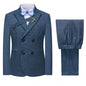 Boys Plaid Double-Breasted Tuxedo Suit Set - Dark Blue