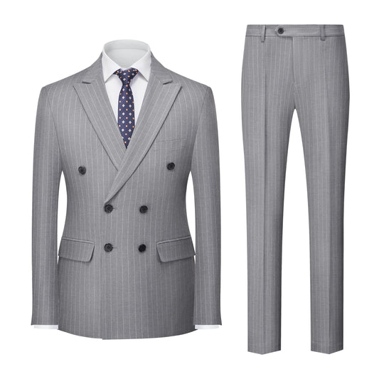 MOGU Double Breasted Pinstripe Men's Suit - Slim Fit Tuxedo for Business and Weddings, Size M Light Grey