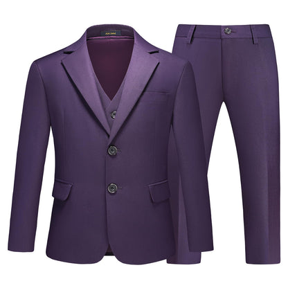 Boys Suits Purple Slim Fit Tuxedo 3 Piece Set with Blazer Jacket Dressing Pants Vest for Kids Wedding Prom Ring Bearer Outfit