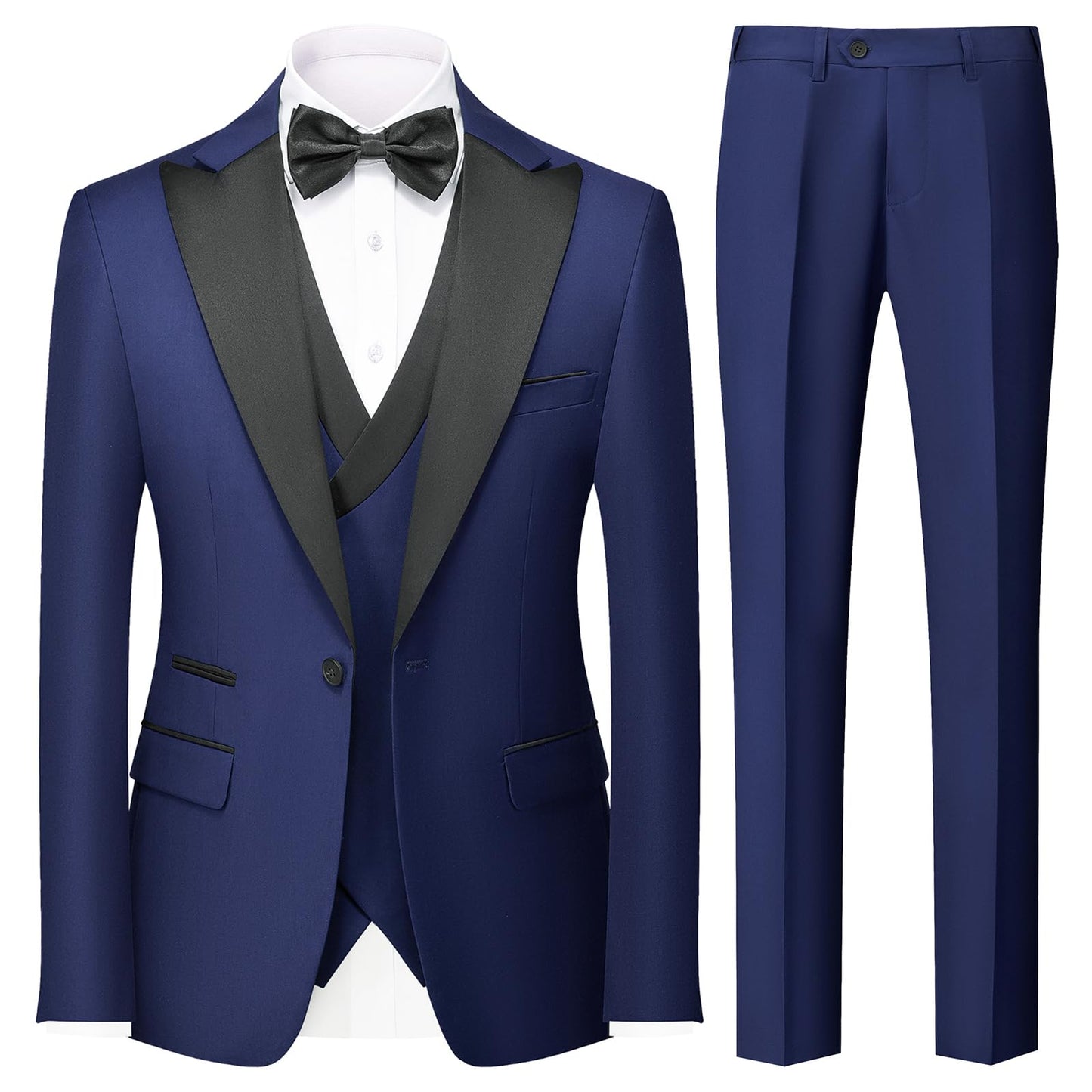 Rogers & Morris Tuxedo Suits for Men Solid 3 Piece Regular Fit Formal Set Peak Lapels One Button Jacket Vest Pants Navy Blue S