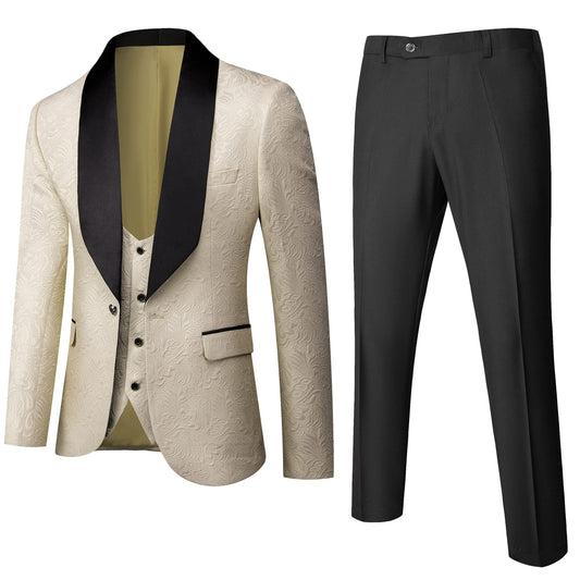 UNINUKOO Luxe Floral 3-Piece Tuxedo - Slim Fit Jacquard Suit Cream XS